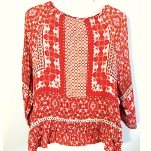 Blue Rain Women Sz M Red Peasant Top Blouse Boho Ruffle - Picture 5 of 7